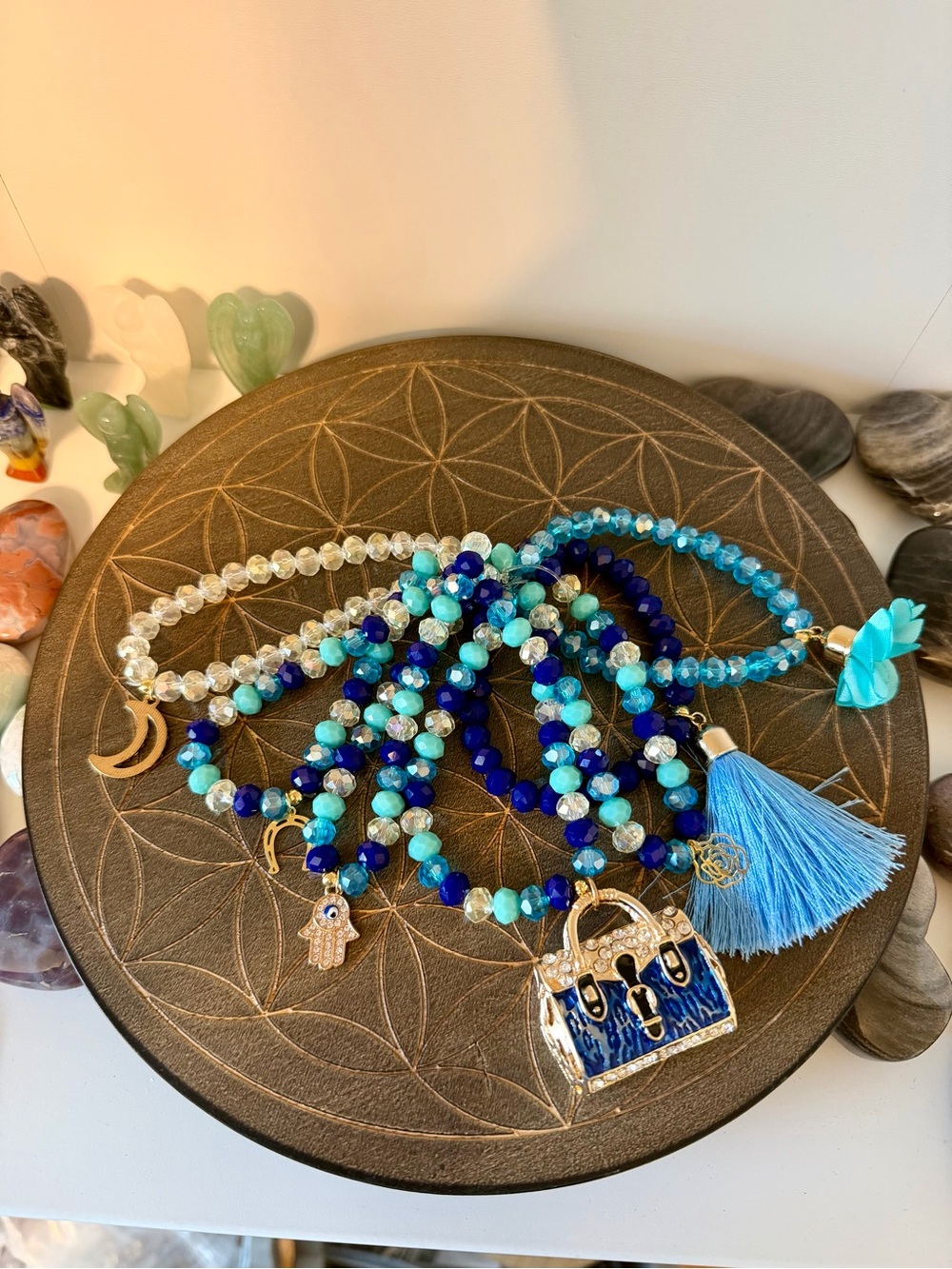 Handmade Blue Tassel set of 7 bracelet with Charm Pendant